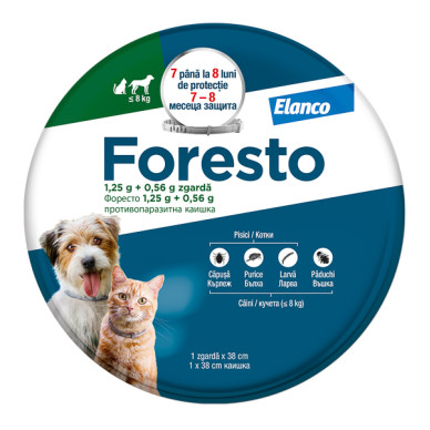 Foresto – Zgarda Antiparazitară pentru Pisici și Câini de Talie Mică (<8 kg), 38 cm